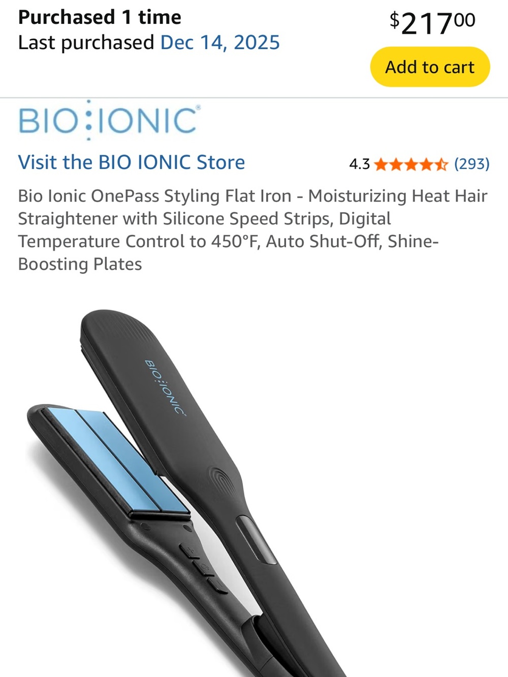 Bio Ionic OnePass Styling Flat Iron / Hair Straightener